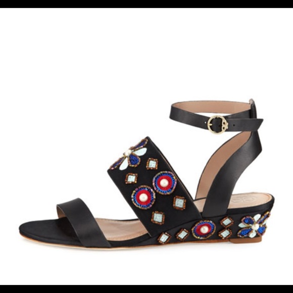 Tory Burch Estella Crystal Embellished Leather Wedge Sandals - Picture 2 of 5